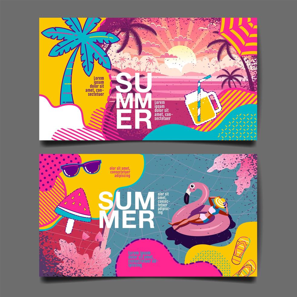 Card Set with Bright Colors and Summer Elements vector