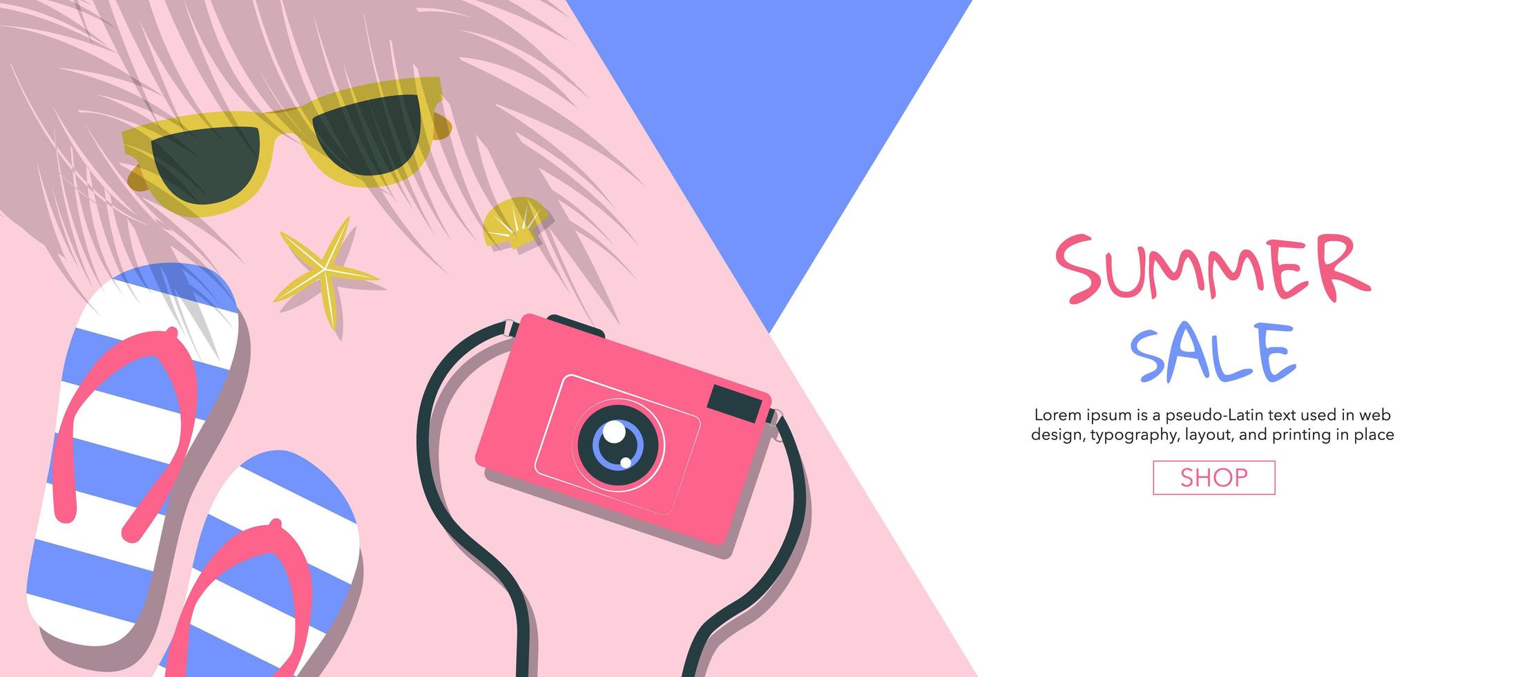 Summer Sale Banner with Sandals, Camera and Sunglasses vector