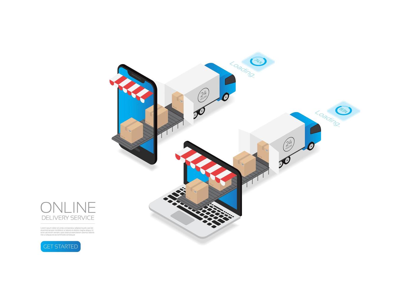 Isometric Delivery Trucks with Boxes vector