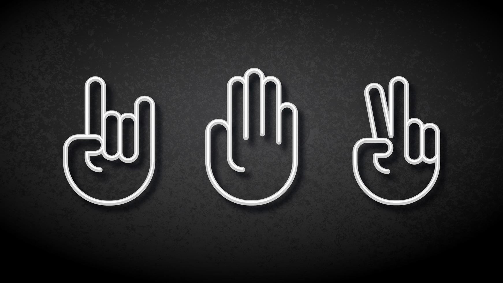 White Neon Rock Paper Scissors Hand Signs vector