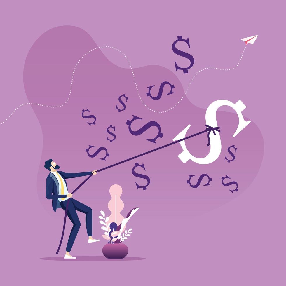 Businessman Pulling Biggest dollar Sign with Rope vector