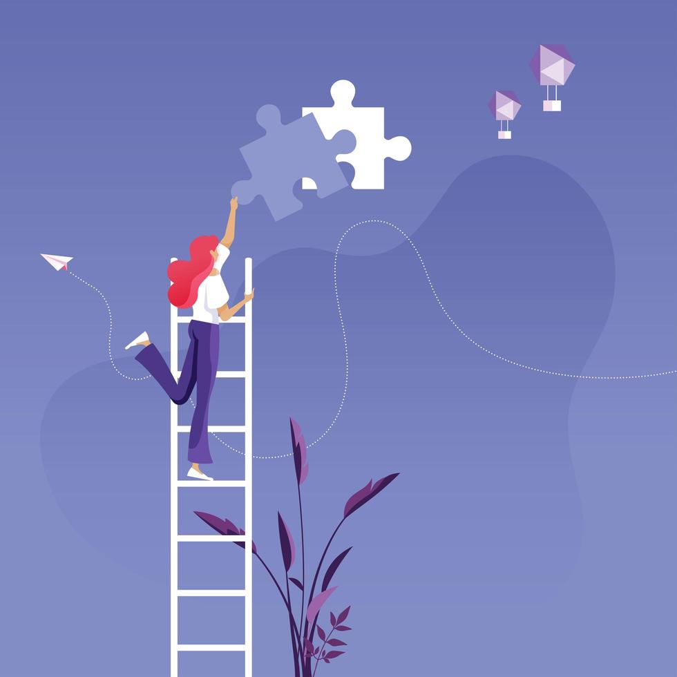 Businesswoman on Ladder Installing Last Piece of Puzzle vector