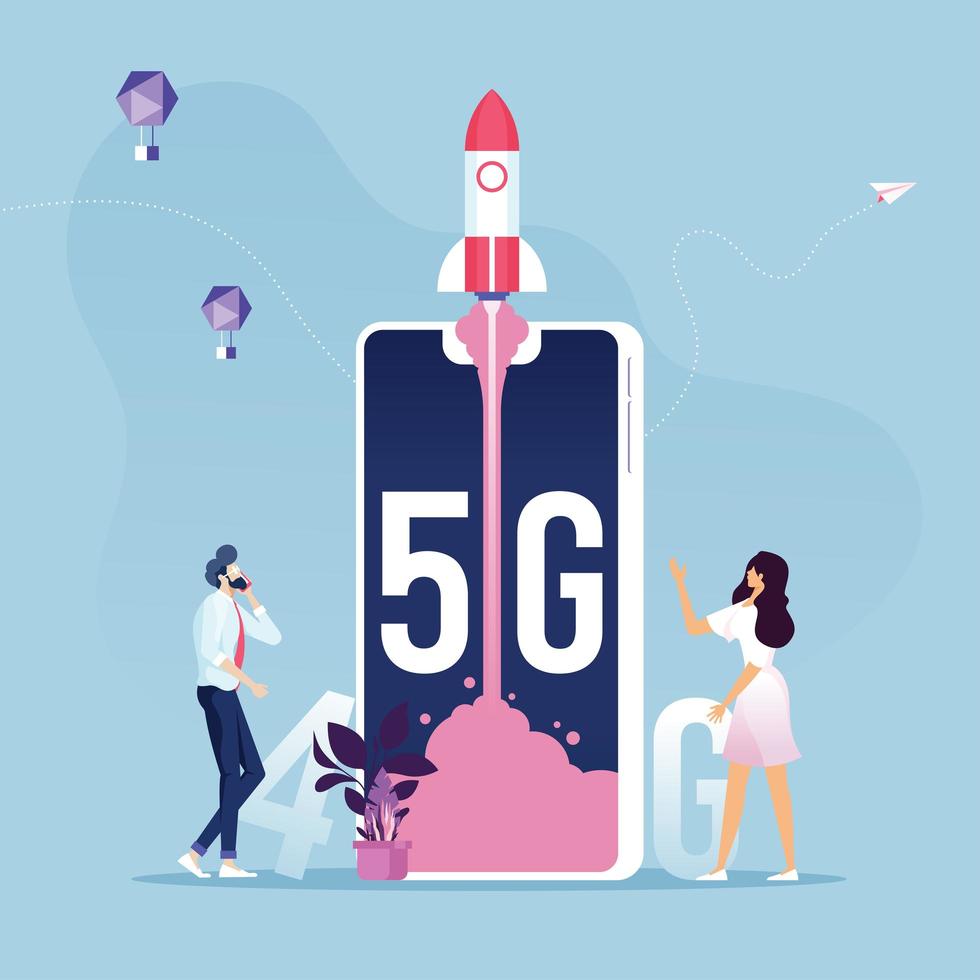 Tableta de tecnología inalámbrica de 5 g con cohete de lanzamiento vector