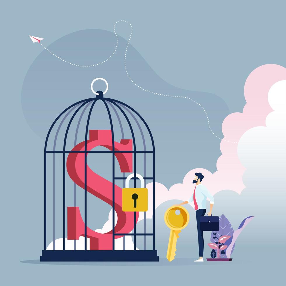 Businessman with Key to Unlock Dollar Sign in a Bird Cage vector