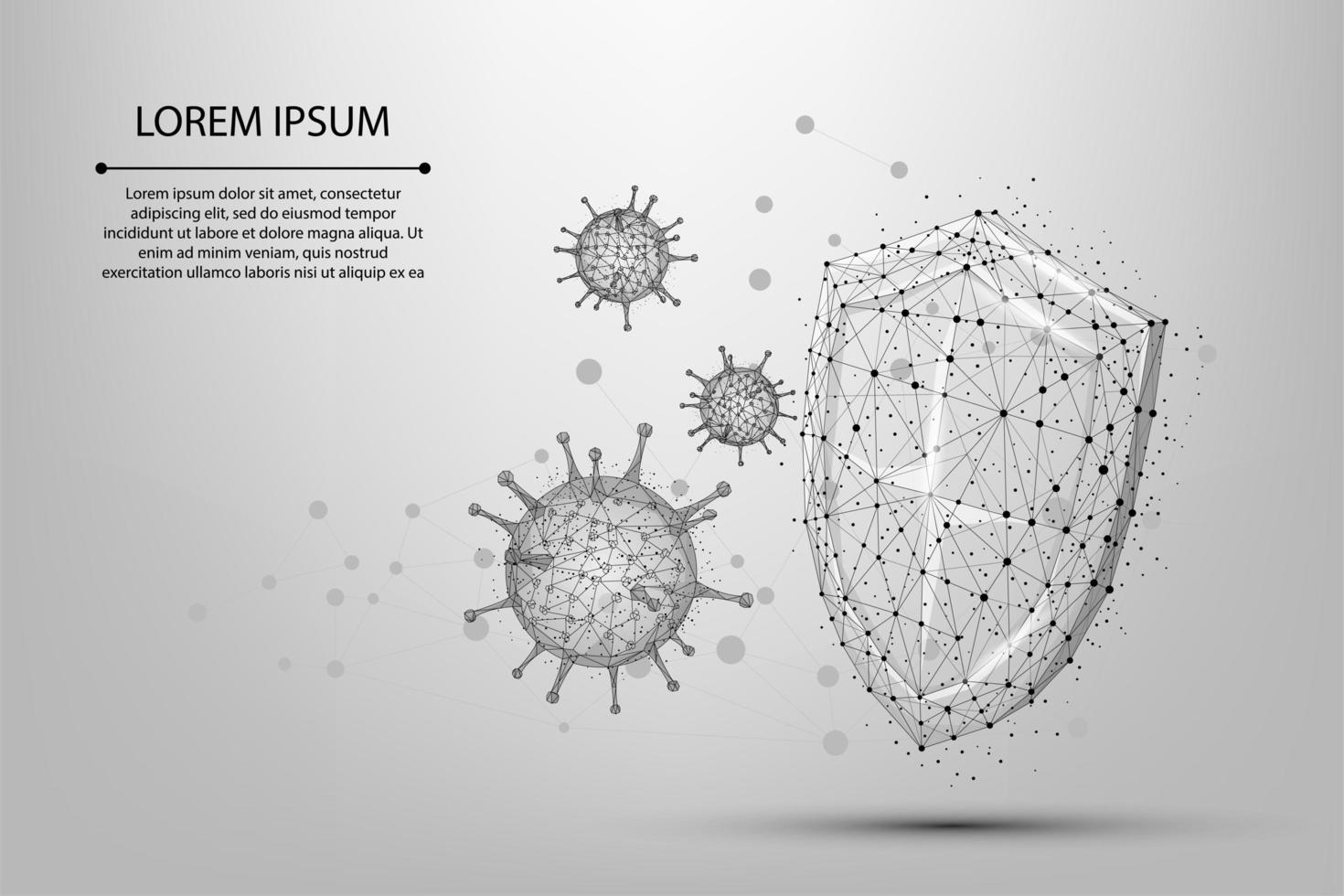 línea abstracta y célula de coronavirus puntual cerca del escudo vector