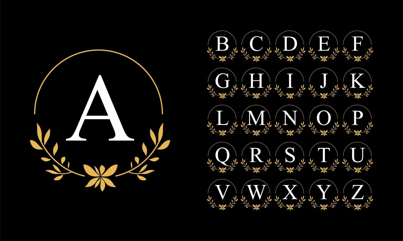 Golden leaf wreath alphabet set vector