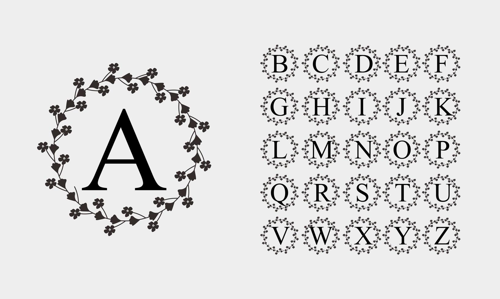 Black alphabet in circle flower frame vector