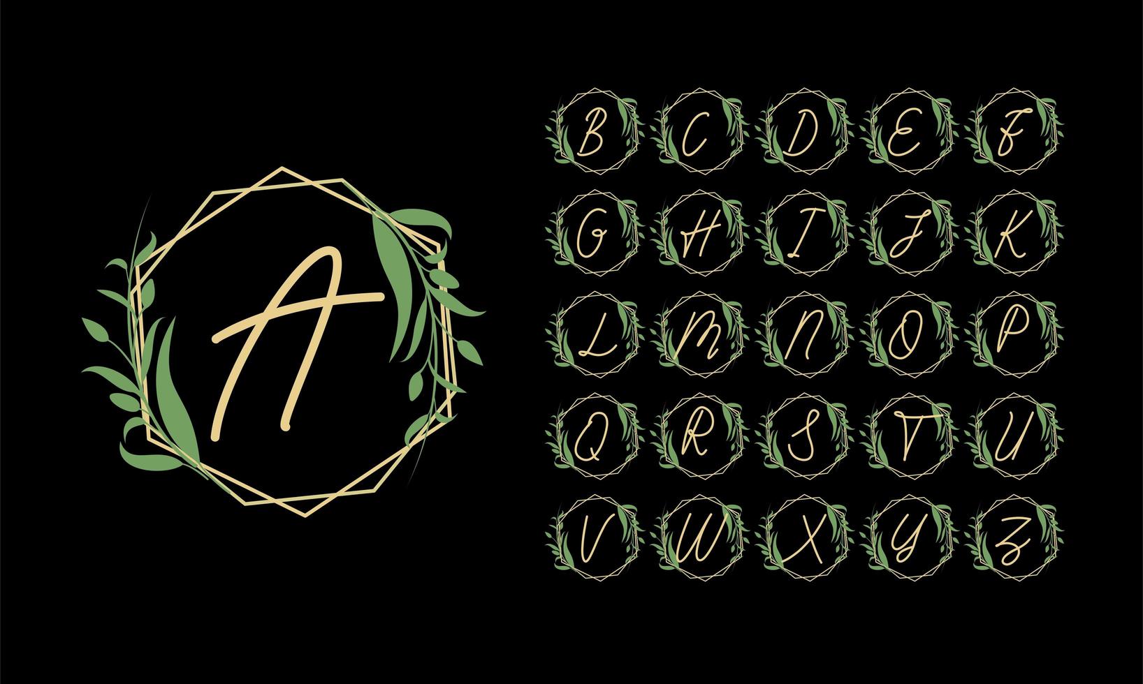 Golden alphabet in frame with green leaves vector