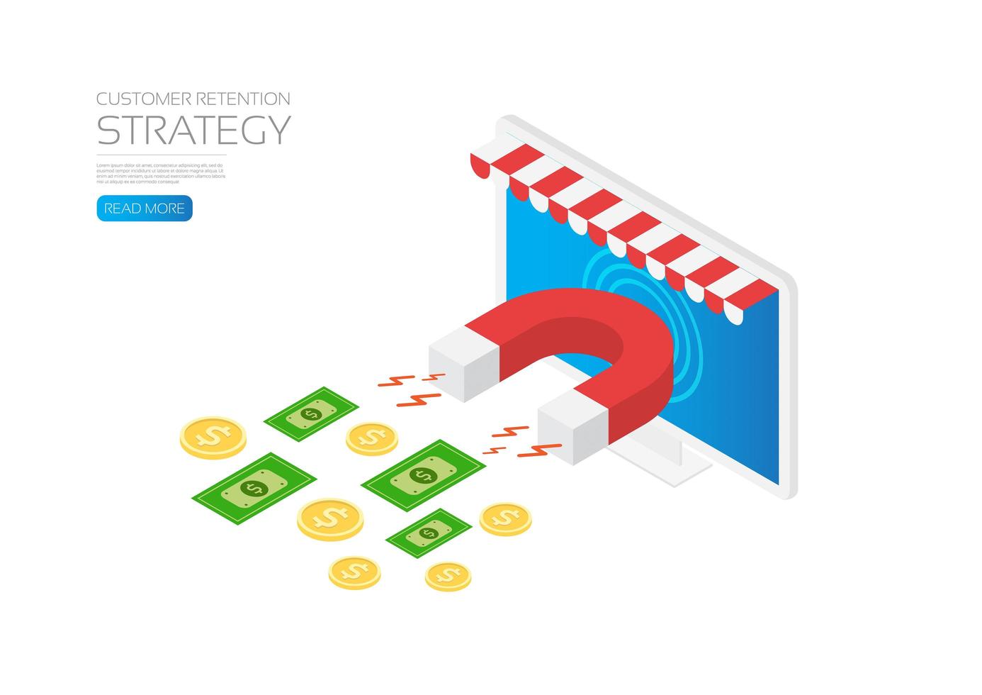 estrategia de retención de clientes con imán atrayendo dinero vector