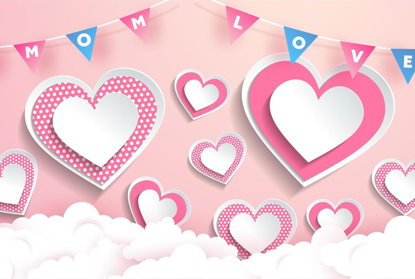 Mom Love Text in Garland Pink Heart Design vector