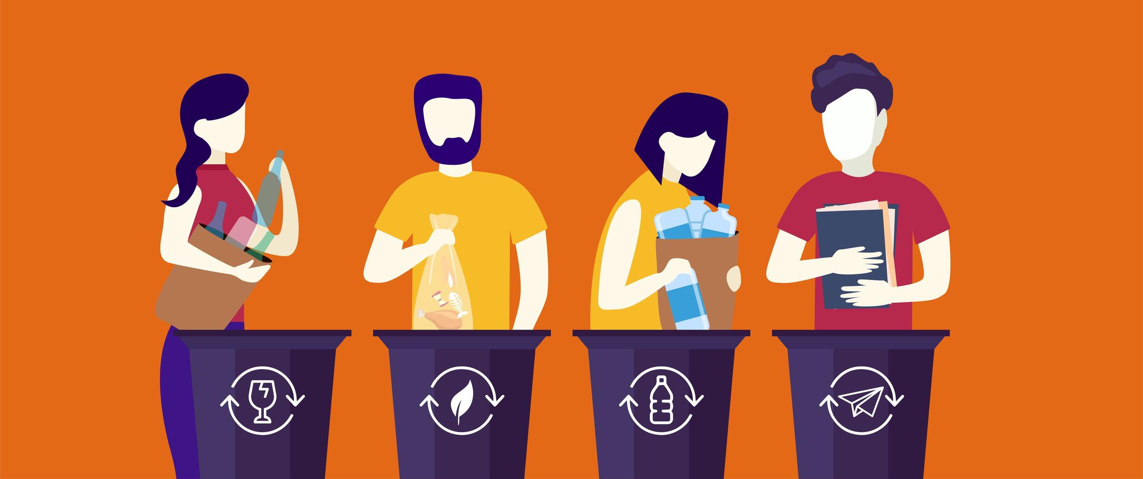 Funny flat style people putting rubbish in bins vector