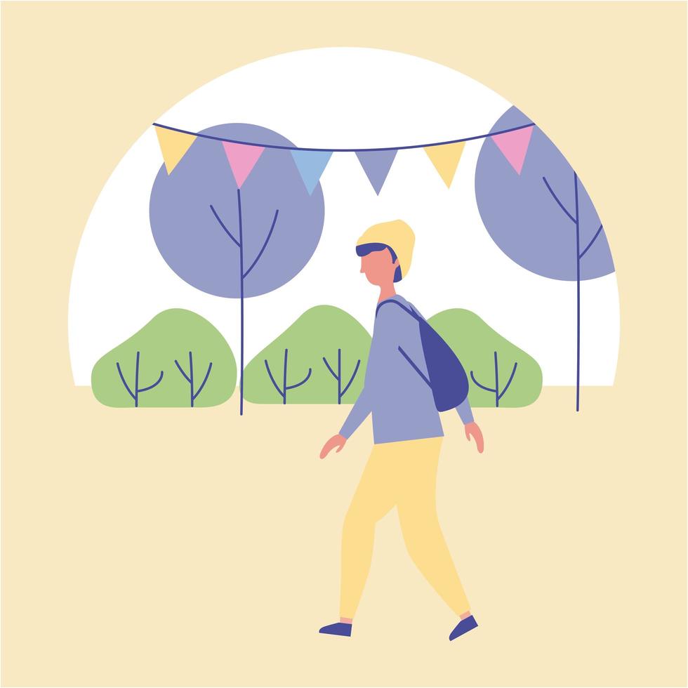 Man Wearing Backpack Walking in Park vector