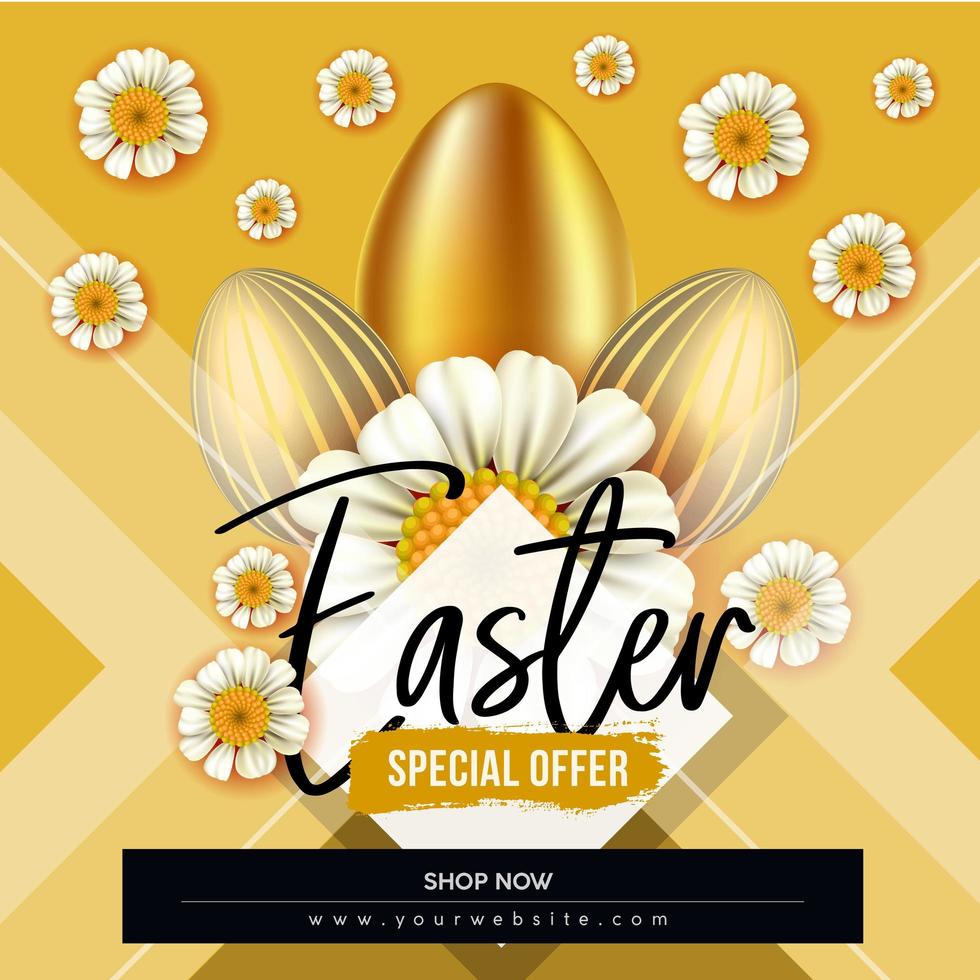 Easter Sale Poster in Gold with Flowers and Eggs vector