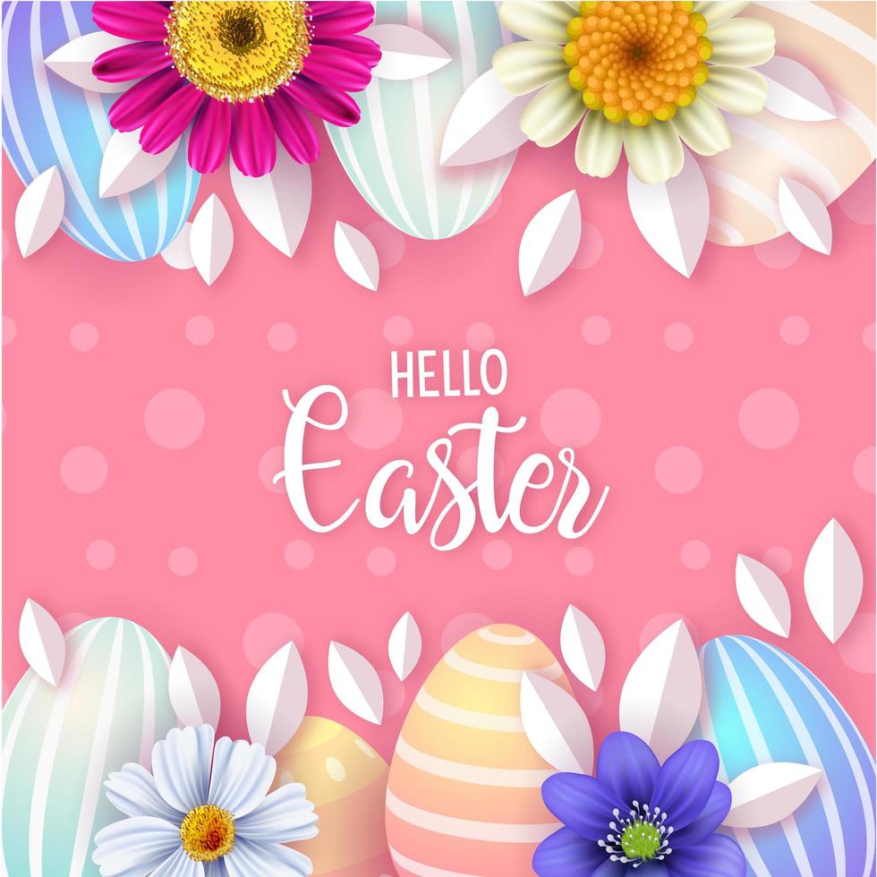 Dotted Pink Easter Poster with Flowers and Eggs vector