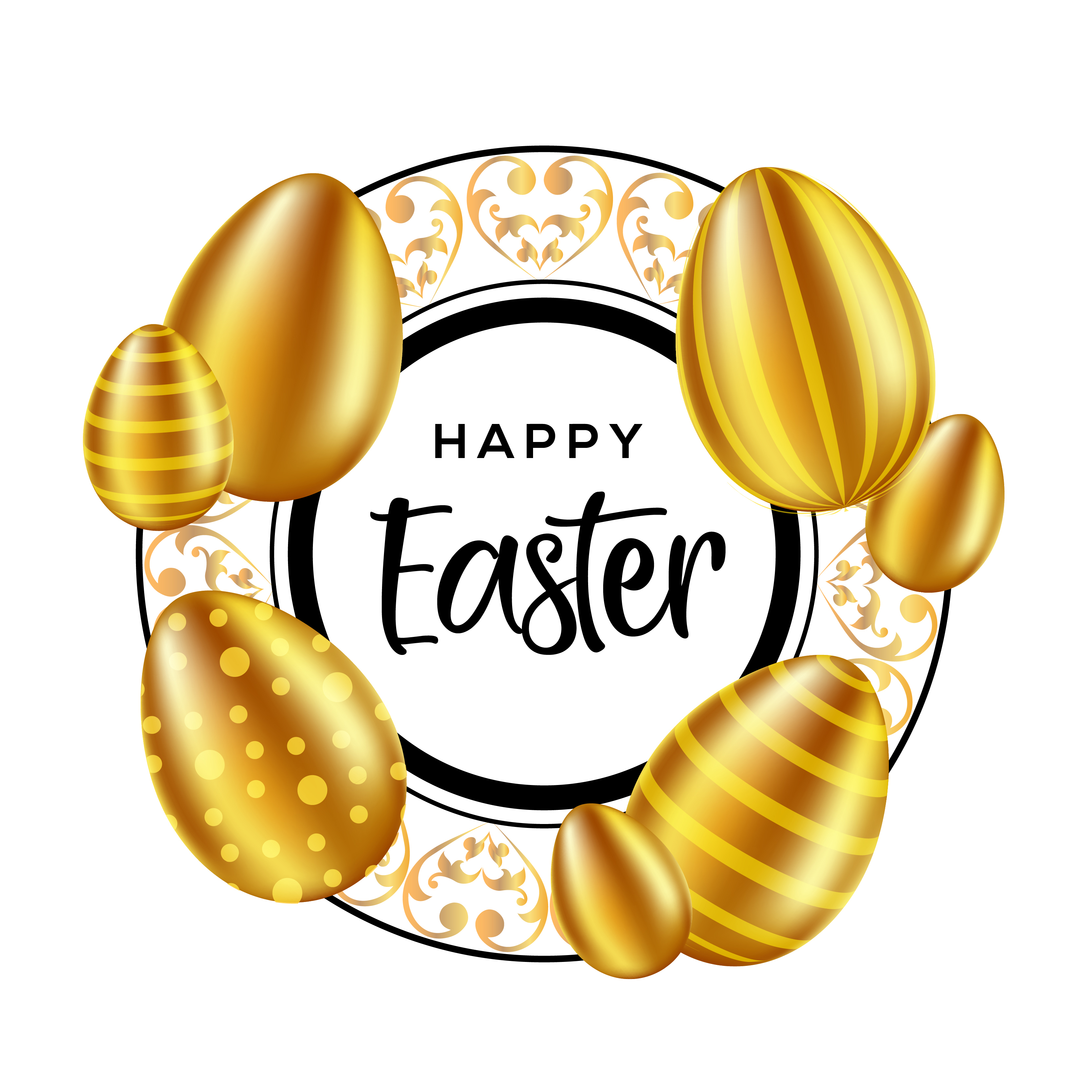 Happy Easter Text in Ornate Circle Frame with Eggs 833832 Vector Art at