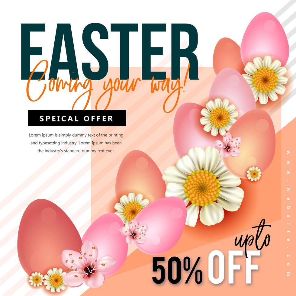 Easter Offer with Diagonal Stripes, Flowers and Eggs vector