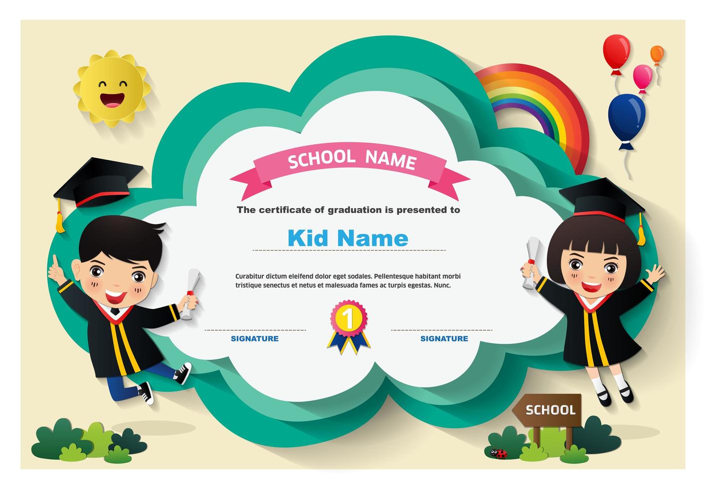 Preschool  kids diploma certificate vector