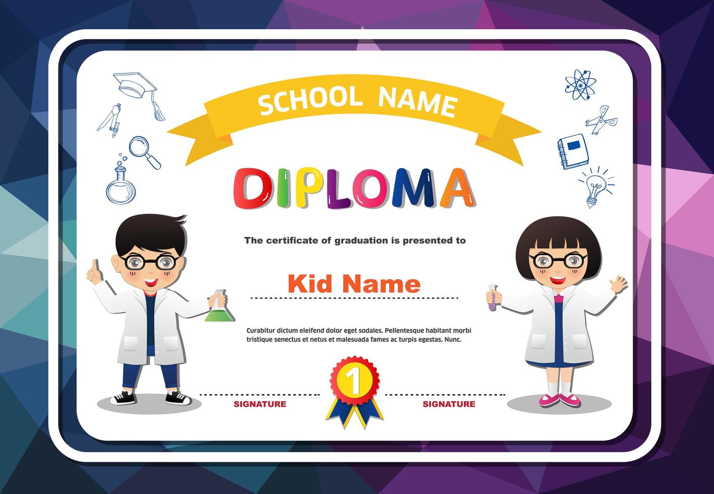 Rounded Frame Preschool Kids Diploma on Polygons vector