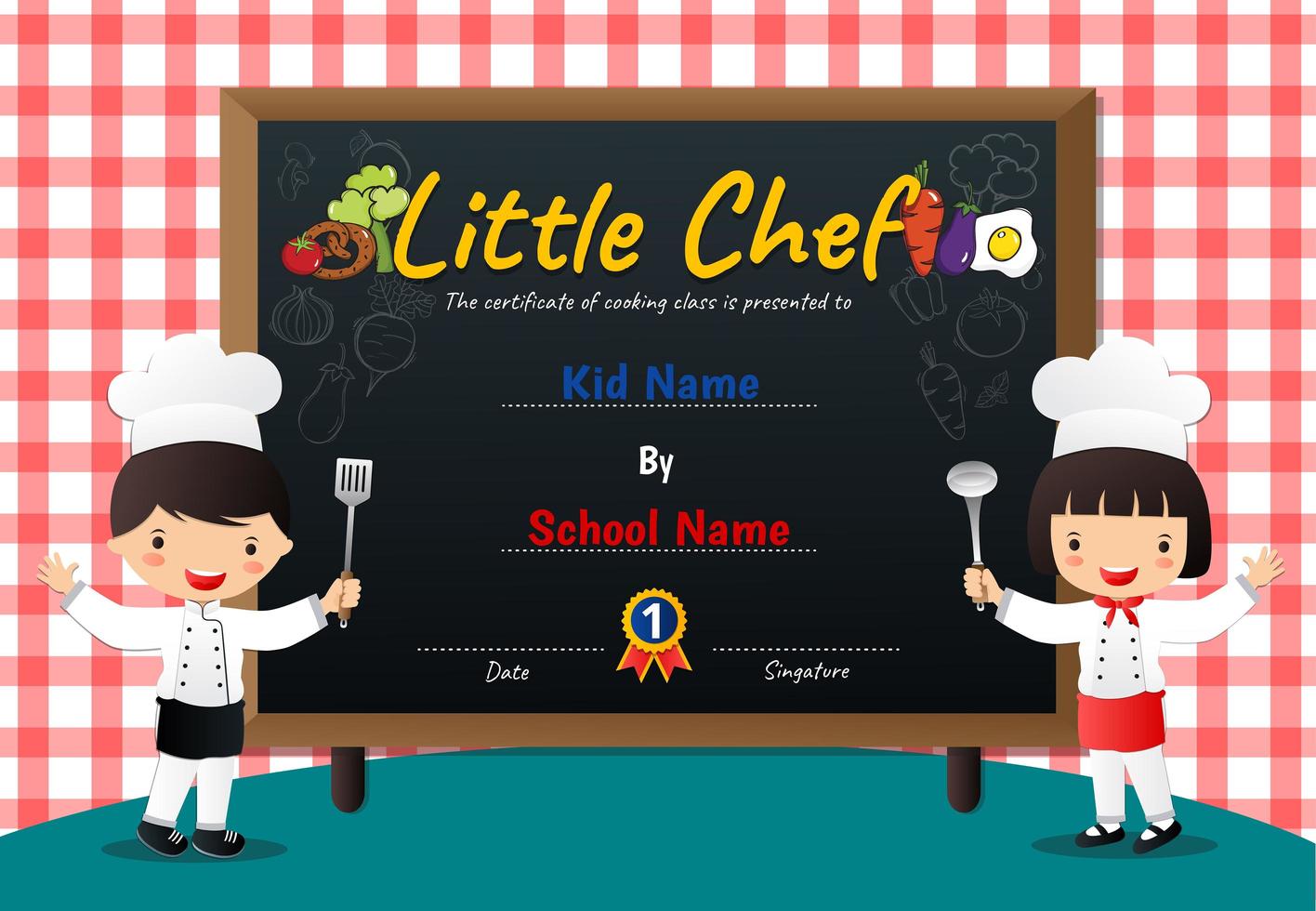 Red Checker Pattern and Chalkboard Little Chef Diploma vector