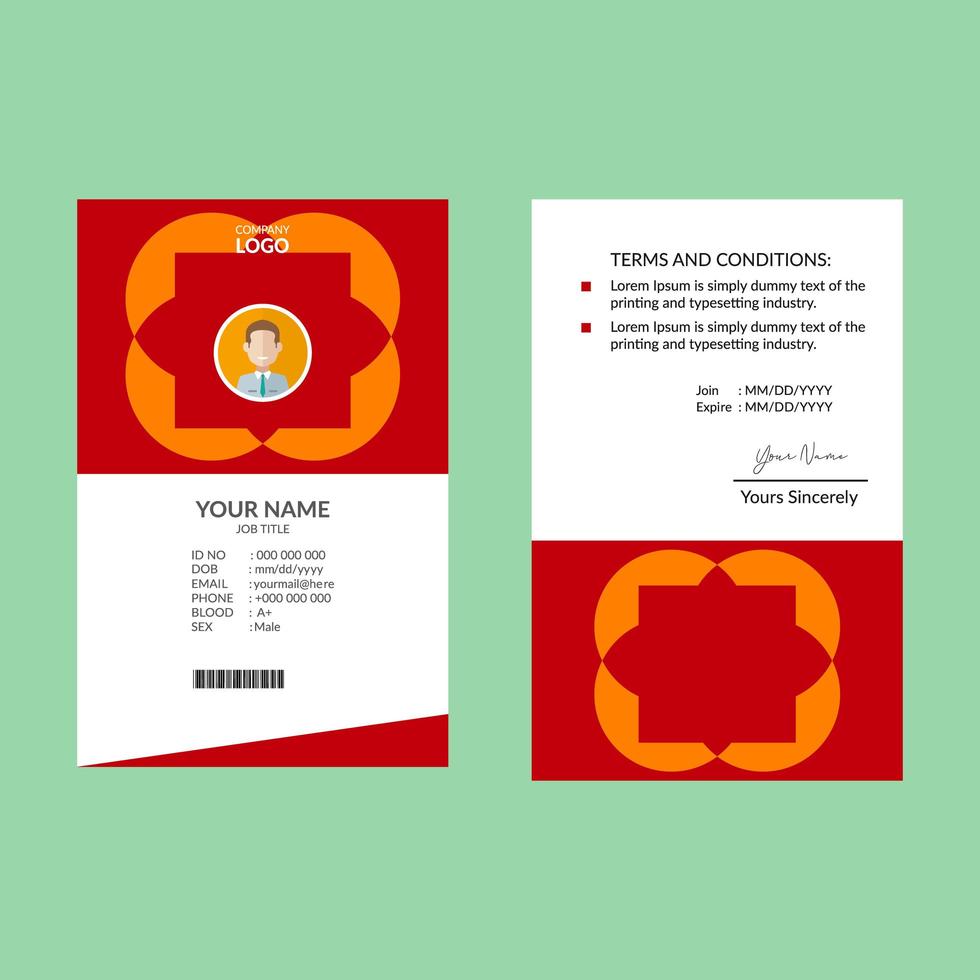 plantilla de tarjeta de identificación de forma geométrica simple roja y naranja vector