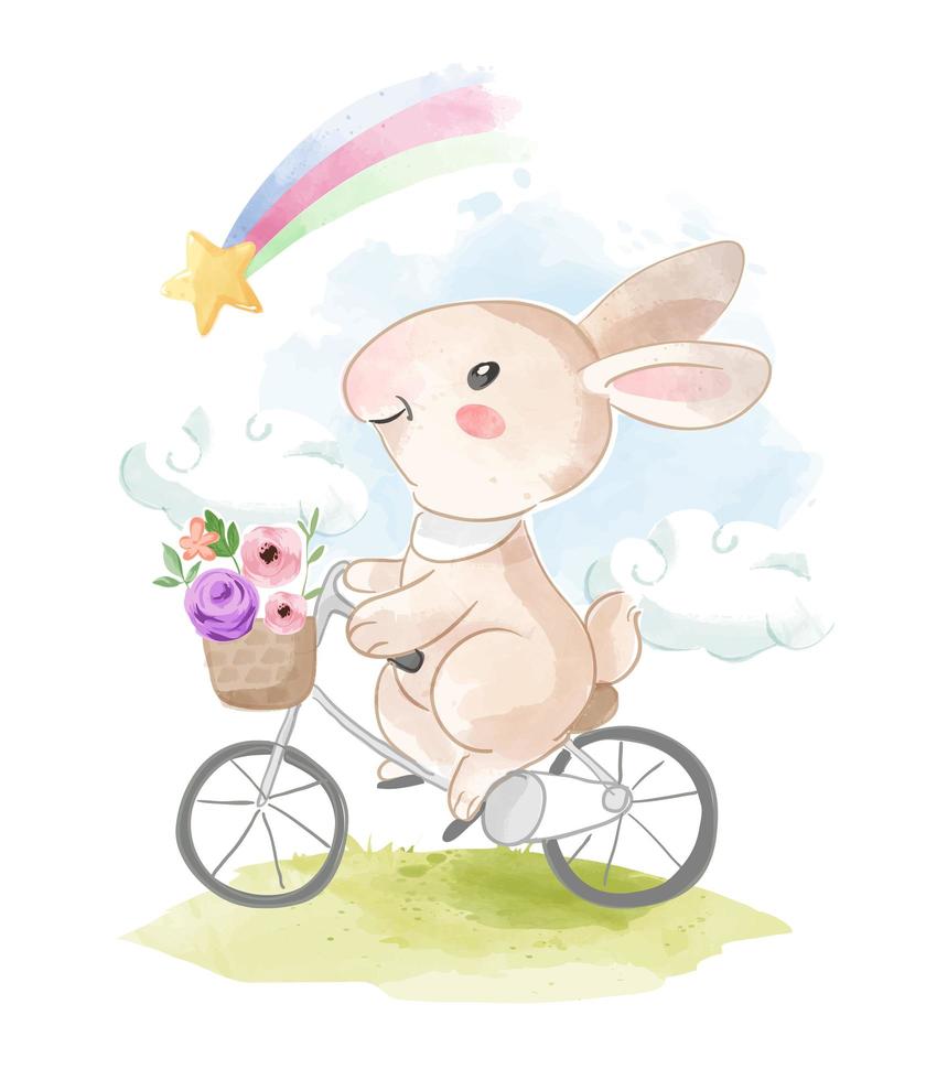 Conejo montando bicicleta mirando arco iris vector