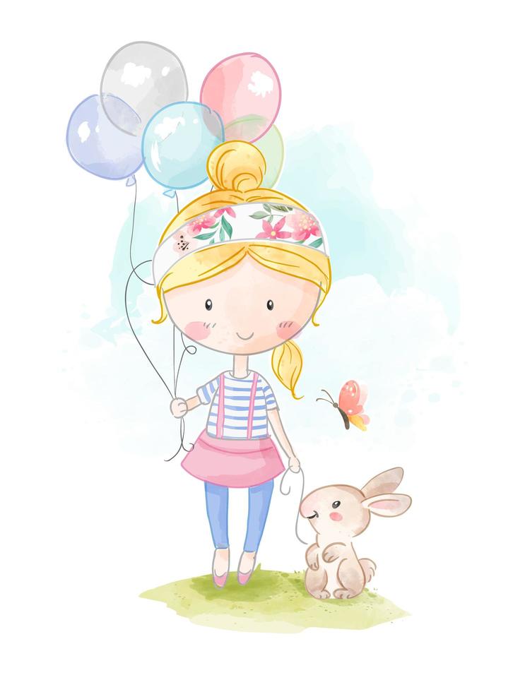 niña sosteniendo globos y conejo vector