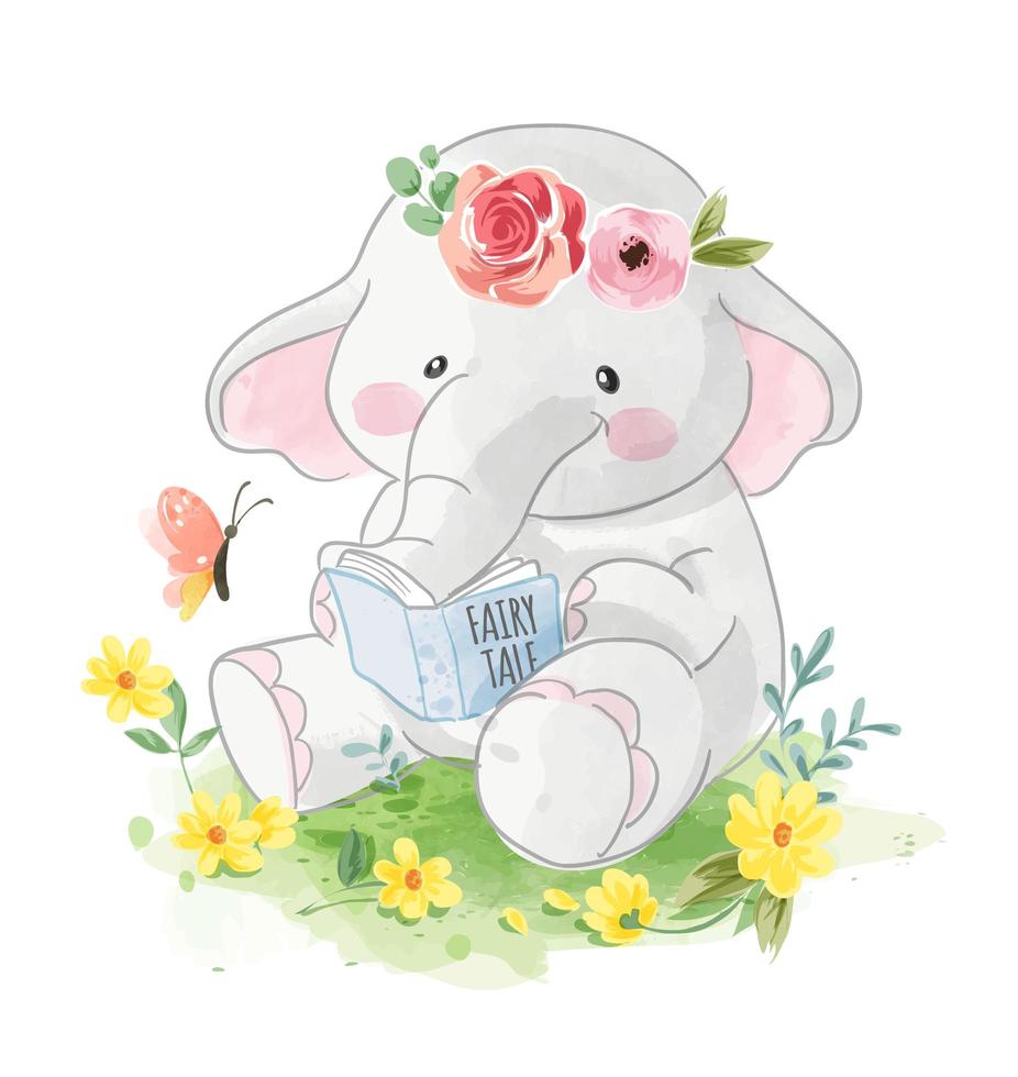 elefante leyendo un libro en el jardín vector