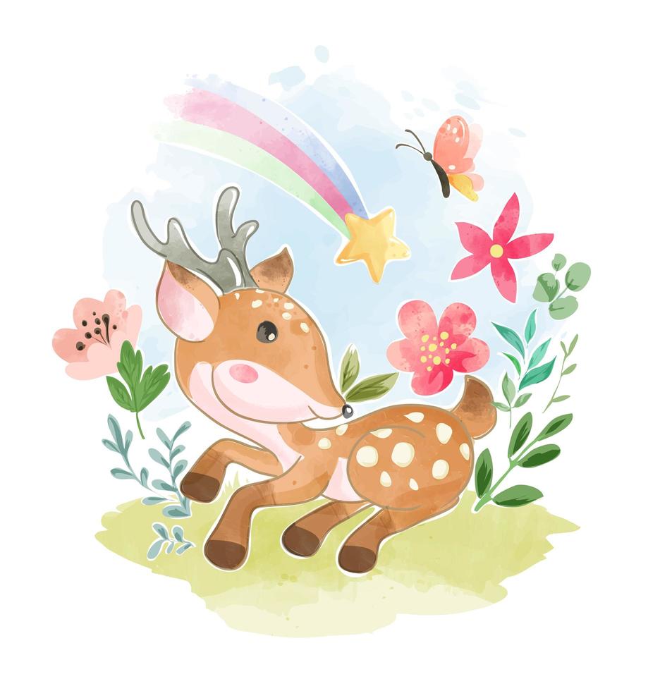 Deer in Garden With Butterfly and Rainbow vector