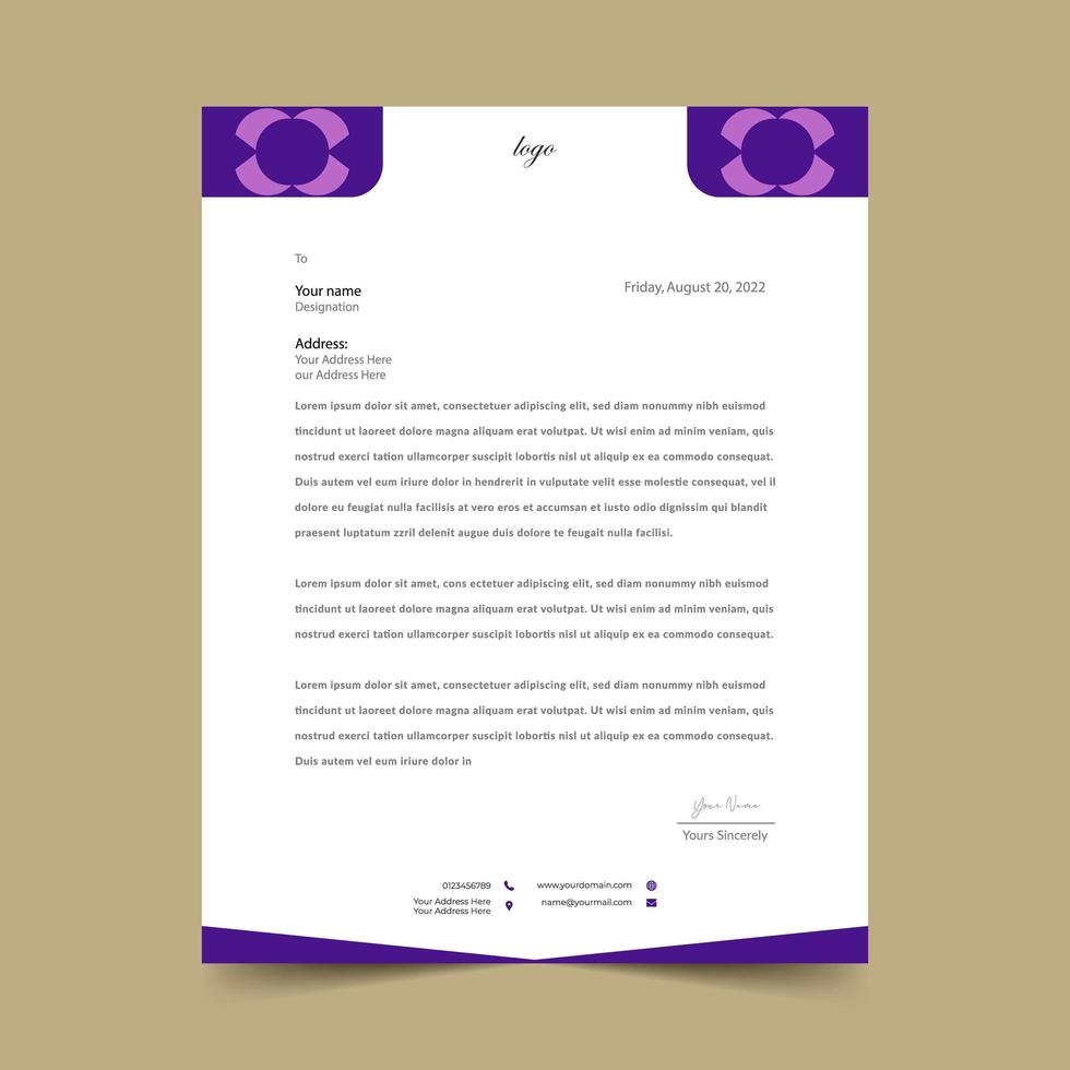 Purple and White Simple Geometric Letterhead Template  vector