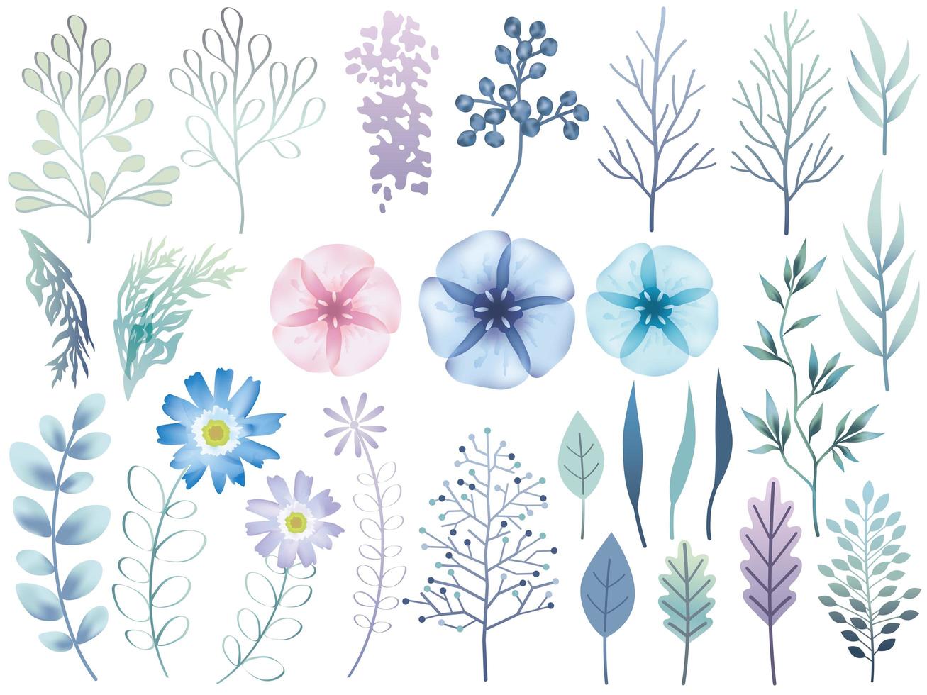 Set of Blue Purple Botanical Elements Isolated vector