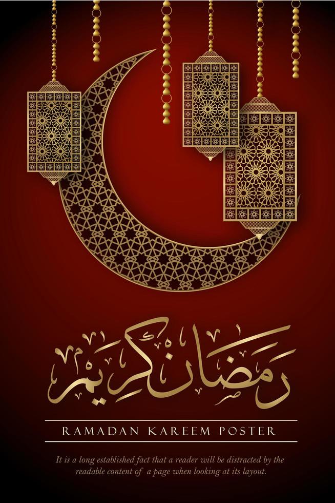 cartel de Ramadán Kareem con elementos ornamentales en rojo vector