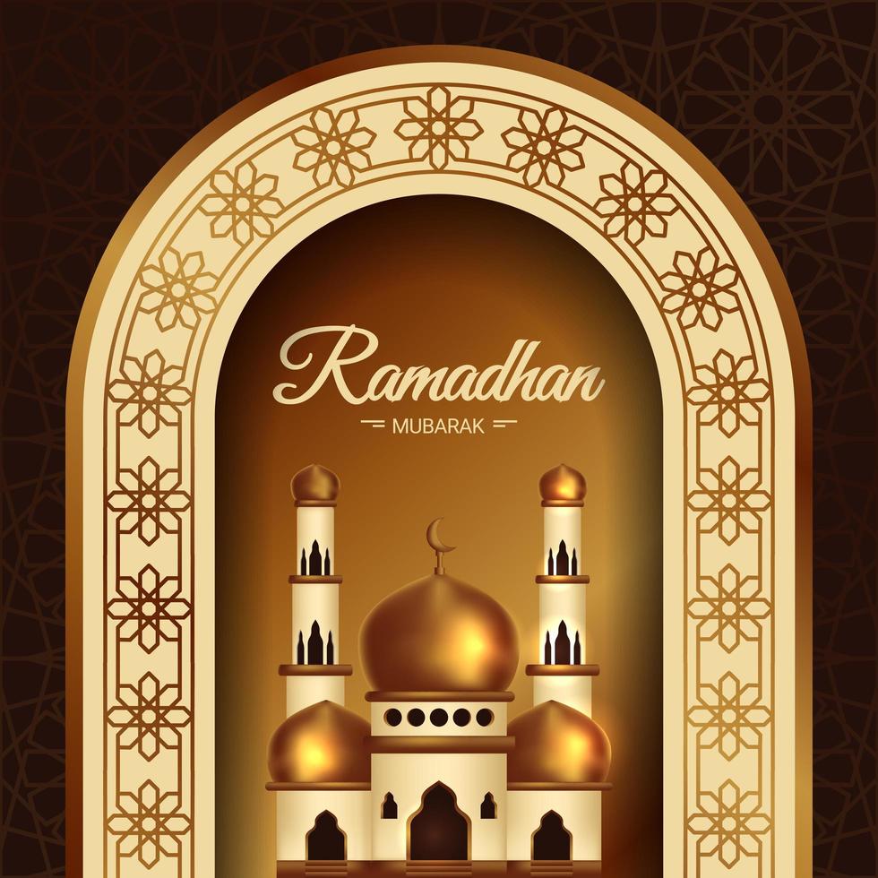 Ramadán Mubarak póster con mezquita debajo del arco vector