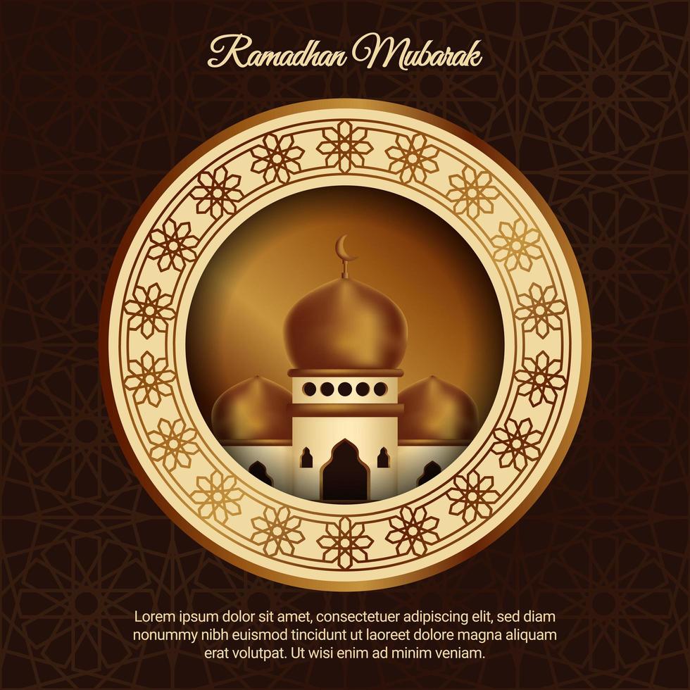 Cartel de Ramadán Mubarak con mezquita en marco de círculo vector