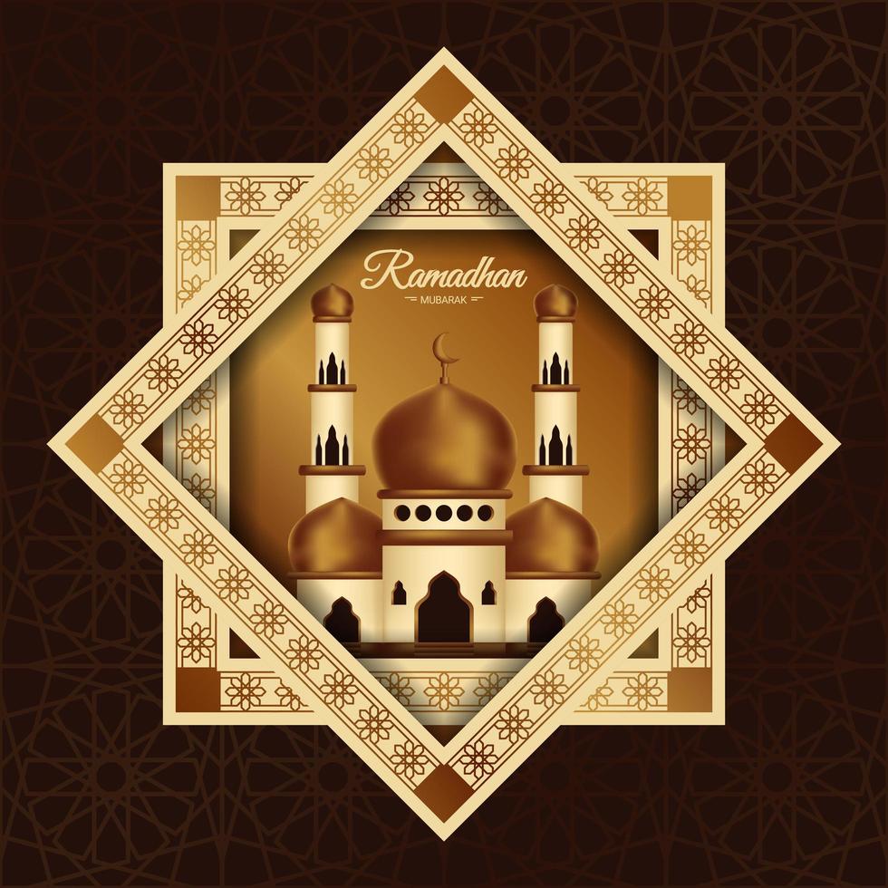 Ramadan Mubarak Poster with Mosque in Star Frame vector
