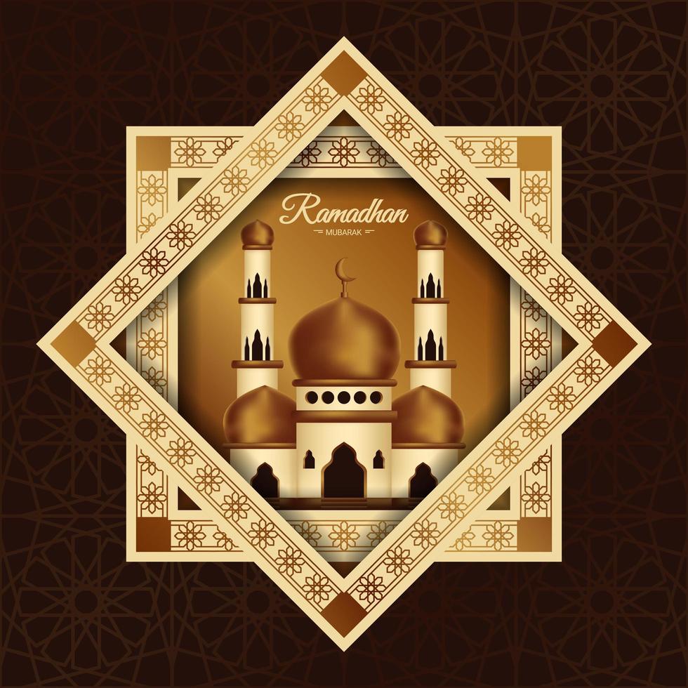 cartel de Ramadán Mubarak con mezquita en marco de estrella vector