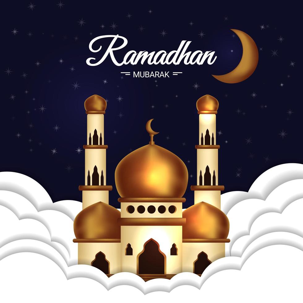 cartel de Ramadán Mubarak con mezquita en las nubes vector