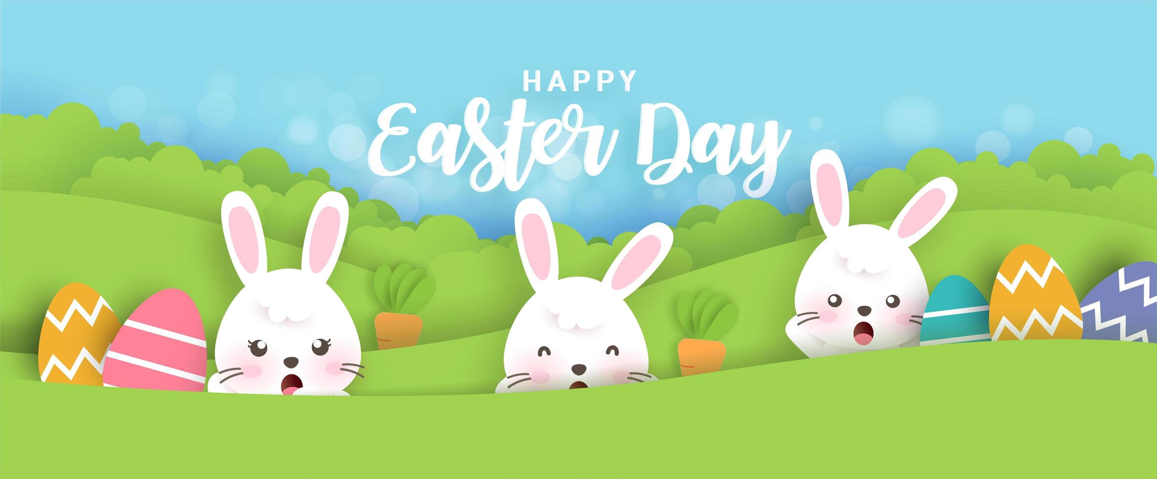 Paper Cut Easter Banner with Rabbits, Eggs vector