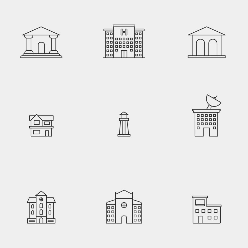 Modern Line Art Buildings Icon Set vector