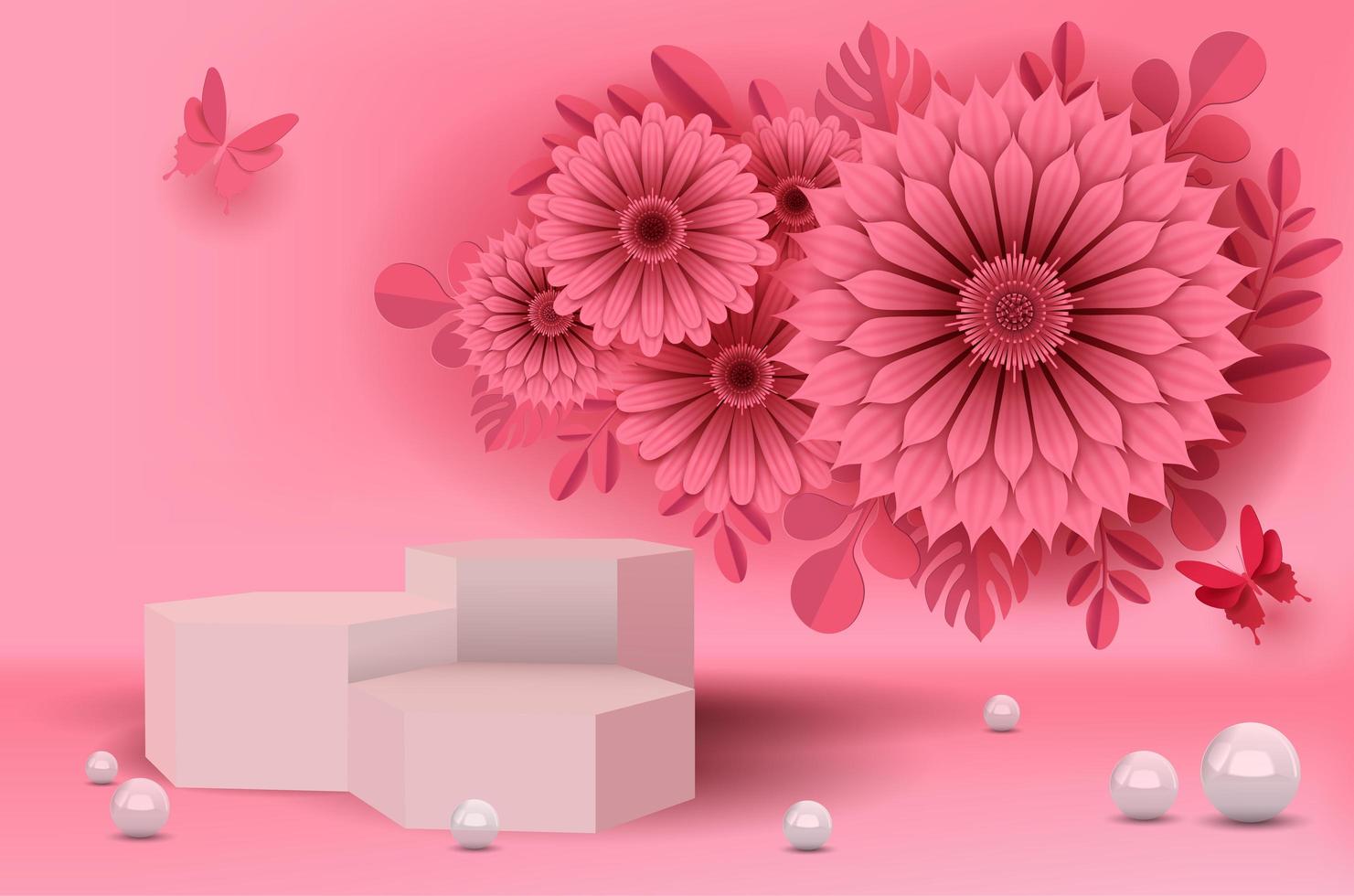 Pink Flower and Butterflies in Paper Cut Style vector