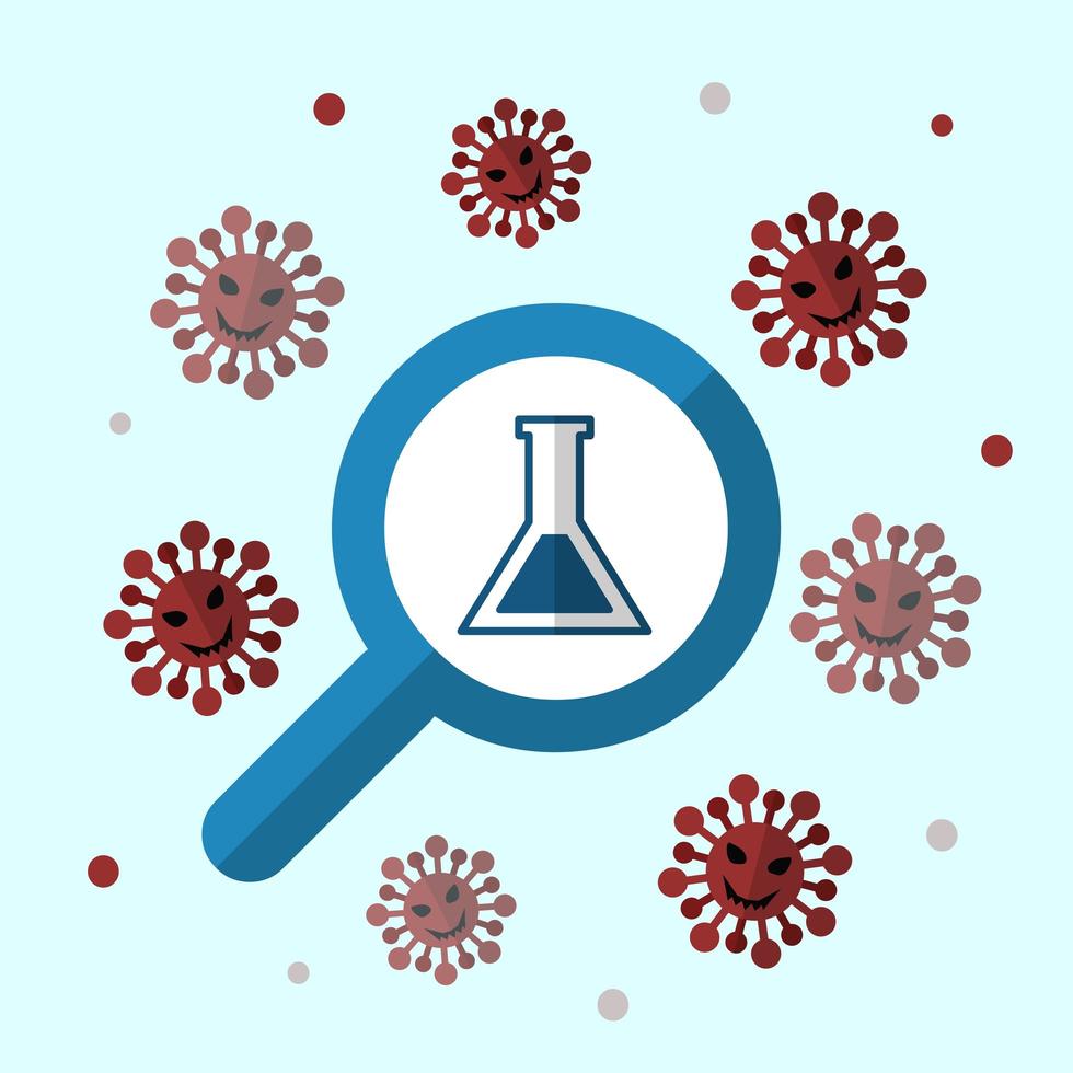 lupa con vaso de precipitados rodeado de coronavirus vector