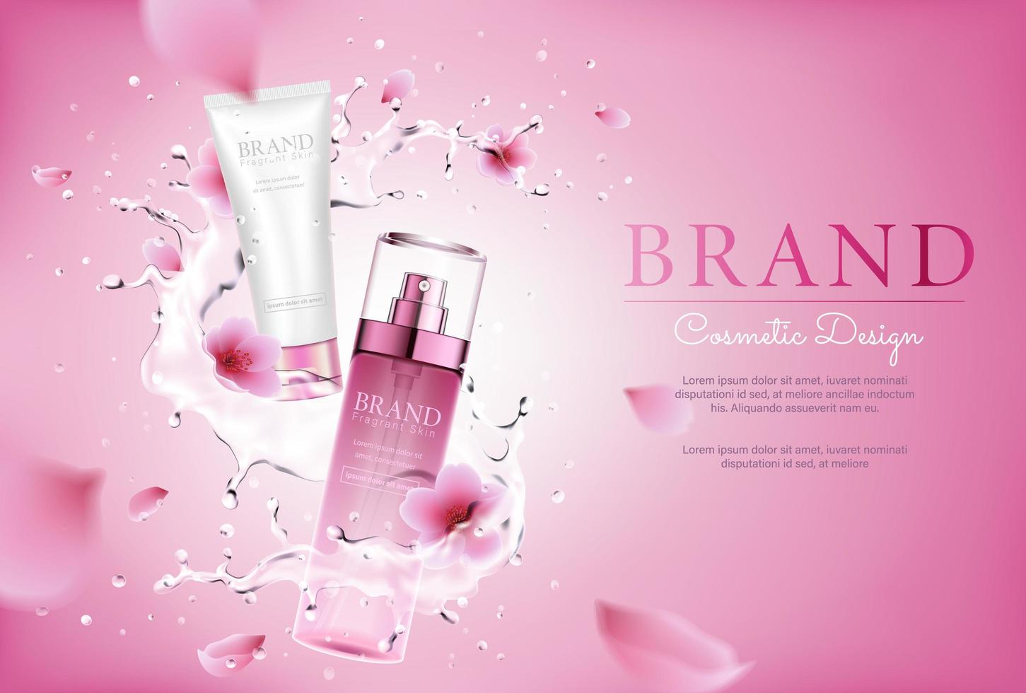 Cherry blossom cosmetic with splashing and pink background vector