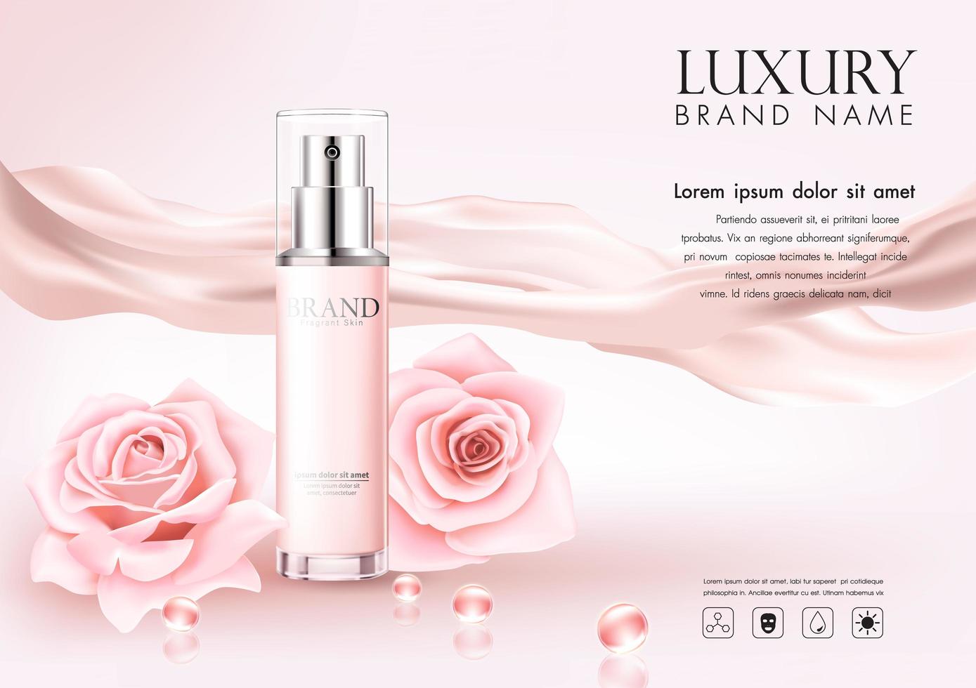 Publicidad cosmética con pétalos de rosas sobre fondo rosa vector