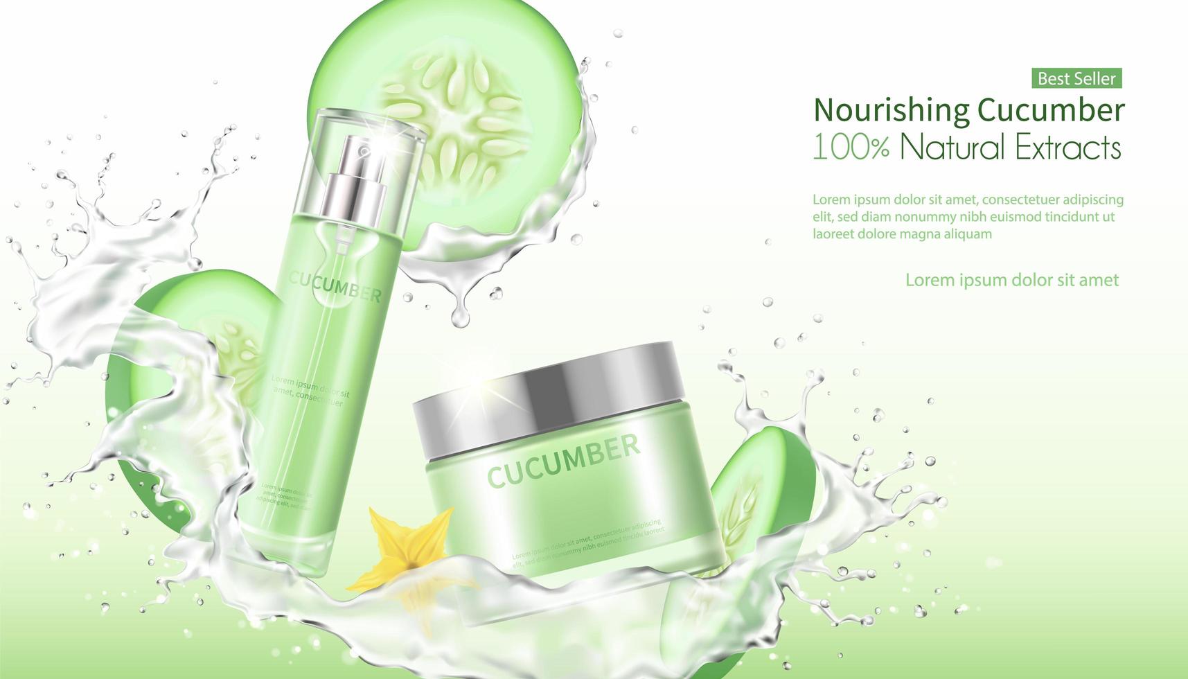 Cream facial mask with splashing water and cucumber slices vector
