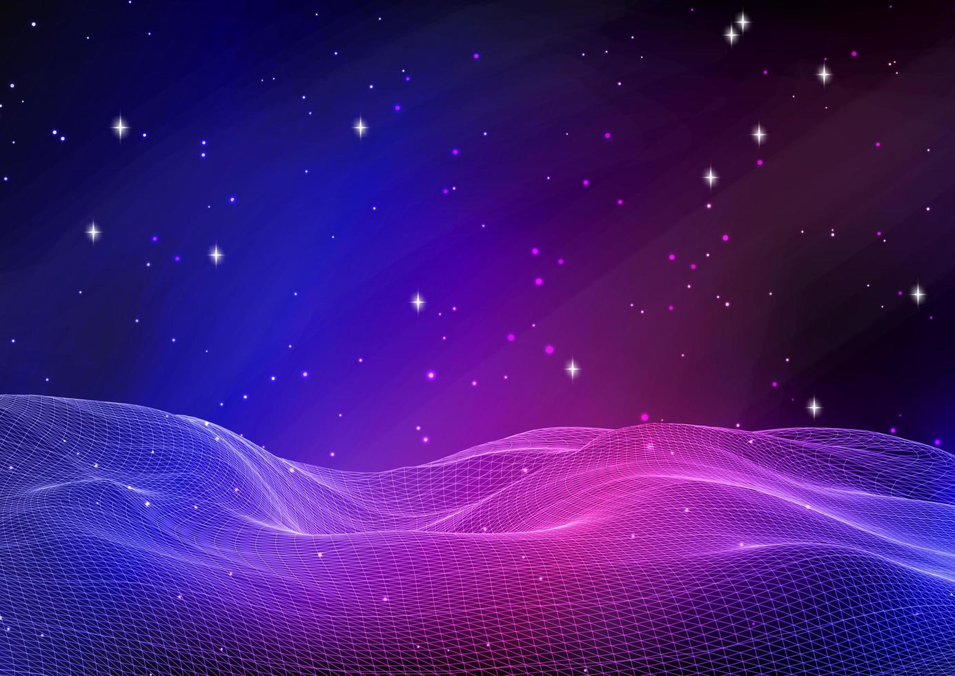 Abstract Wireframe Landscape Against Galaxy Sky vector