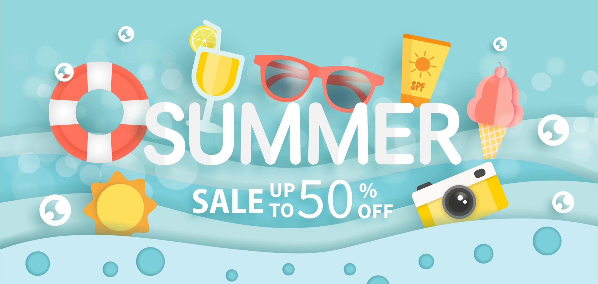 Summer sale banner with summer elements in water vector