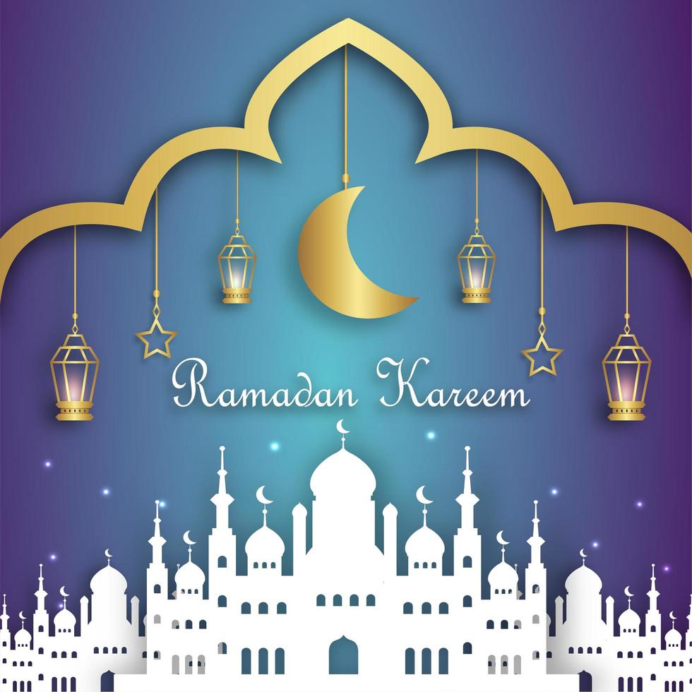 Ramadán Kareem banner con silueta de mezquita vector