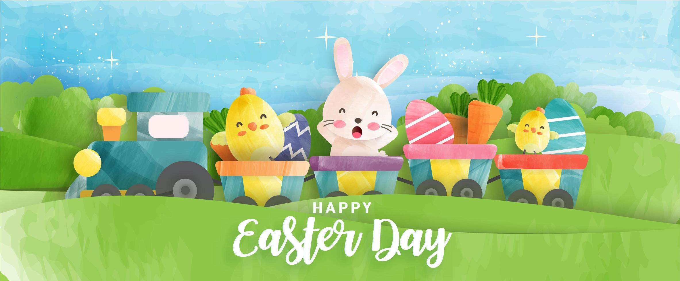 Watercolor Style Easter Banner with Chickens, Rabbit and Eggs vector