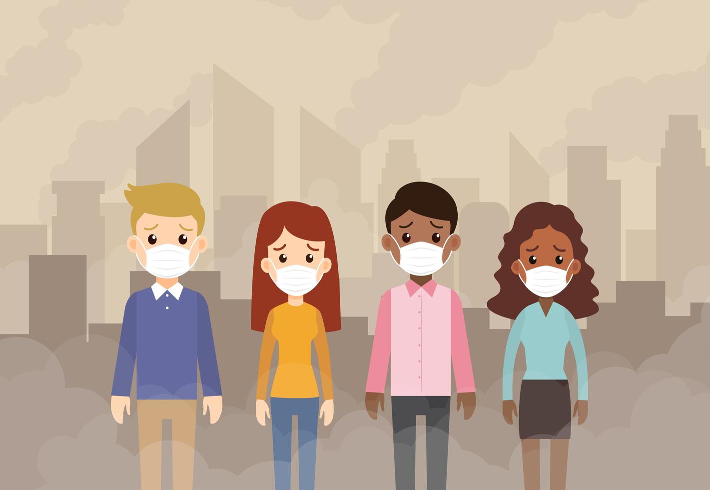 People wearing protective masks in contiminated city vector
