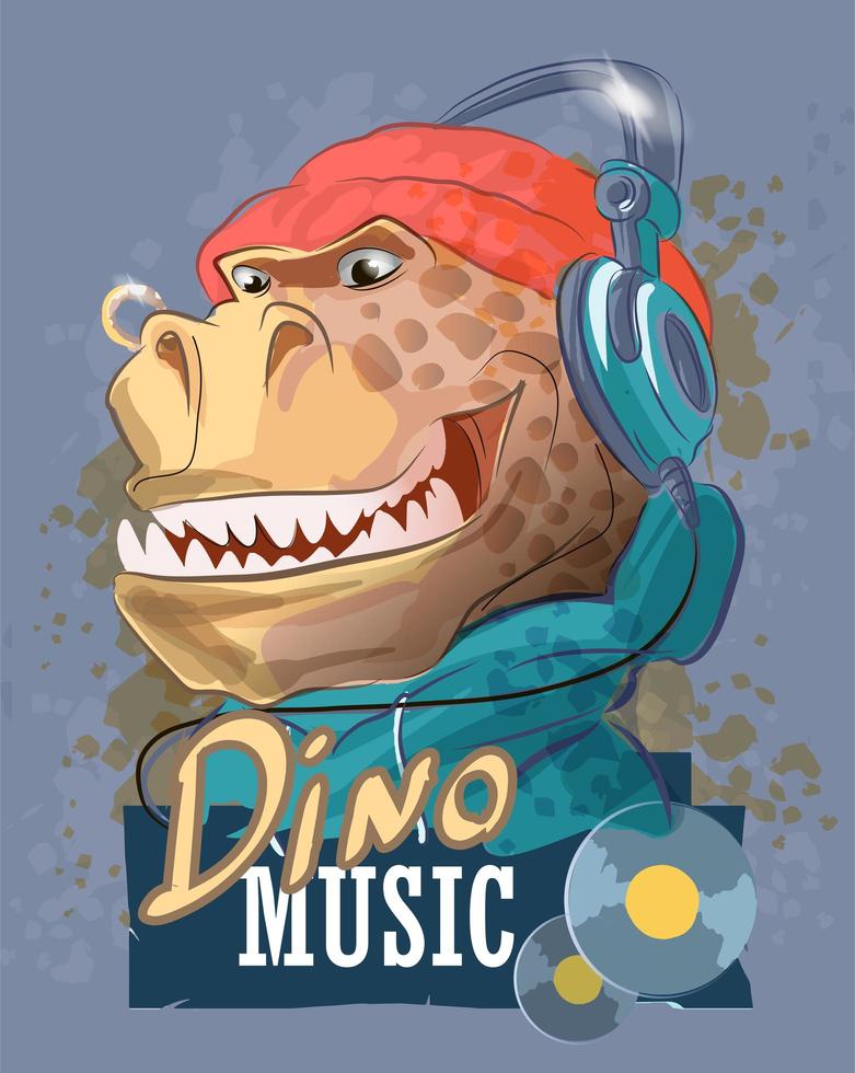 rapero dinosaurio en auriculares y un sombrero vector