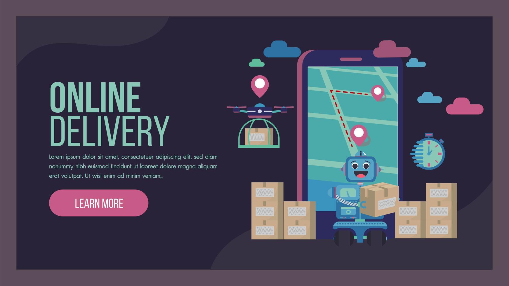 Delivery service landing page with robot and drone vector